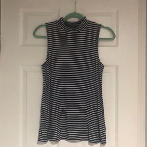 Navy and white striped mock neck top